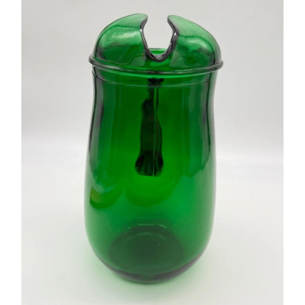 Vtg Anchor Emerald Green Glass Pitcher Ice Lip Ribbed Handle Mid Century 8.5